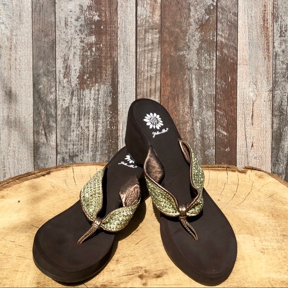 yellow box wedge flip flops